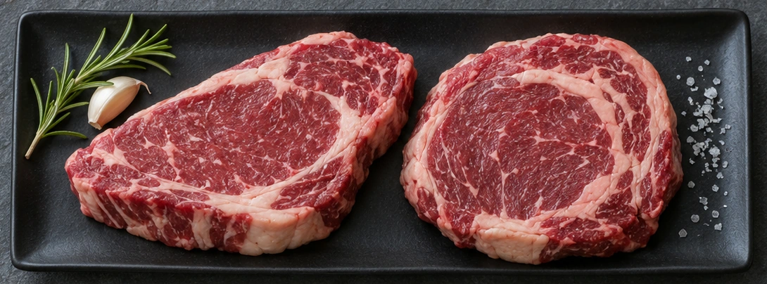 Illustrative boneless ribeye steaks with rosemary and garlic