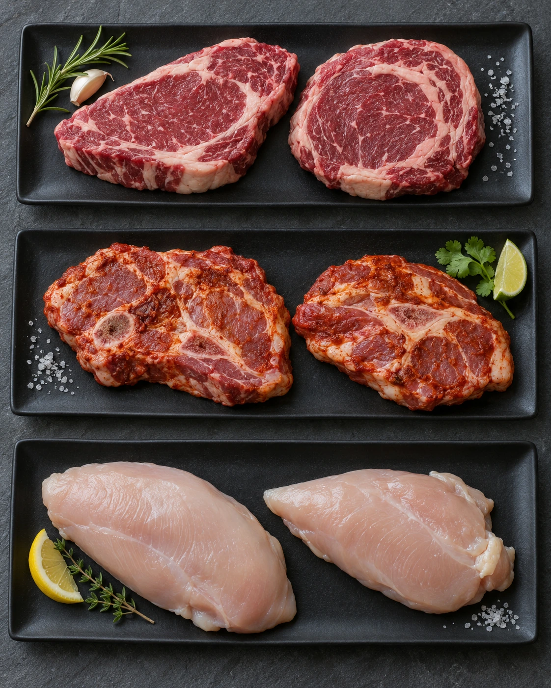 Illustrative ribeye steaks, bone-in adobo pork steaks, and chicken breasts on separate black plates
