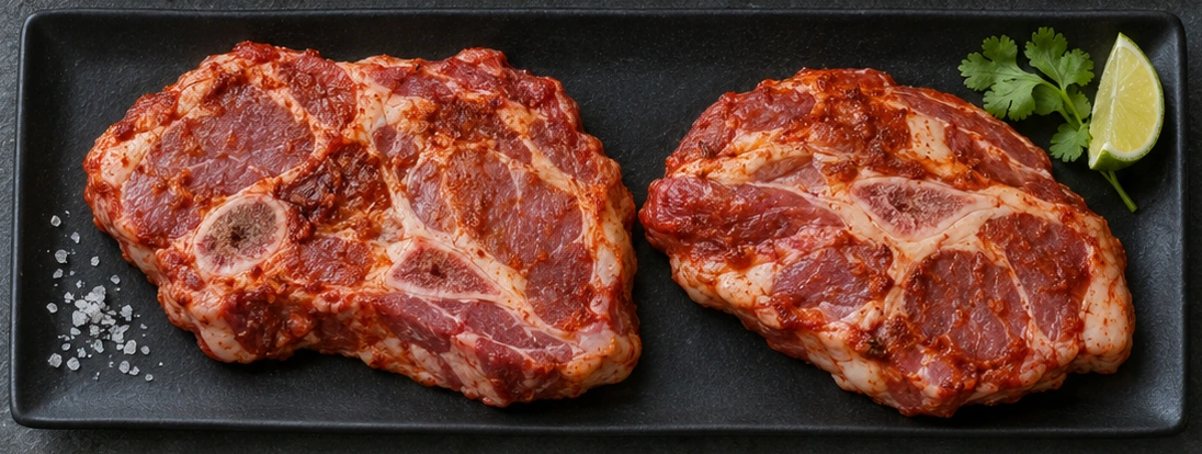 Illustrative bone-in adobo pork steaks with cilantro and lime
